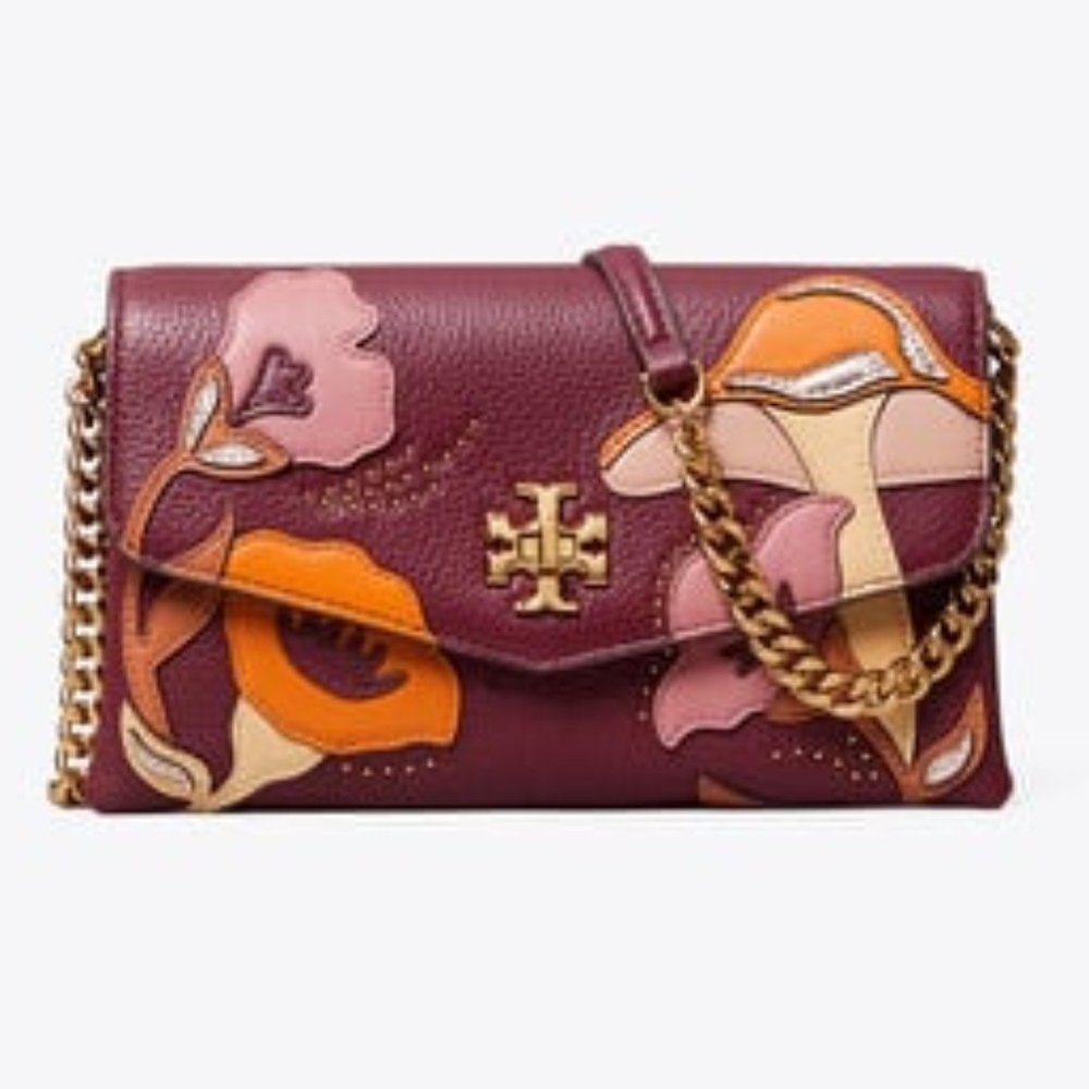 Tory Burch Kira Applique Floral Bag Brown Leather Handbag Burgundy Wine Purse NW - Picture 2 of 6